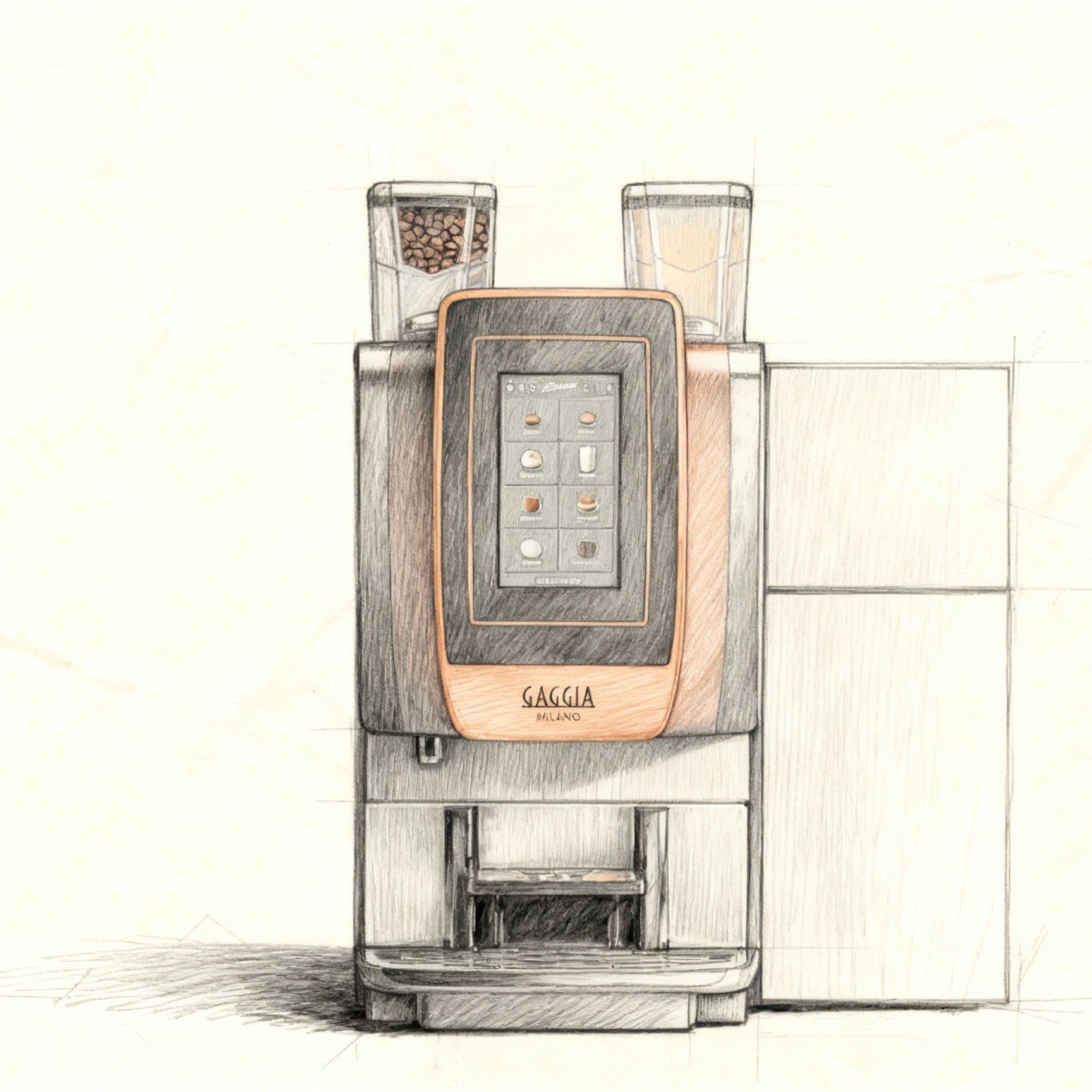 Hand-drawn illustration of OBM1 Gaggia G100 coffee machine with touchscreen and bean hoppers on light background