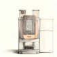 Hand-drawn illustration of OBM1 Gaggia G100 coffee machine with touchscreen and bean hoppers on light background