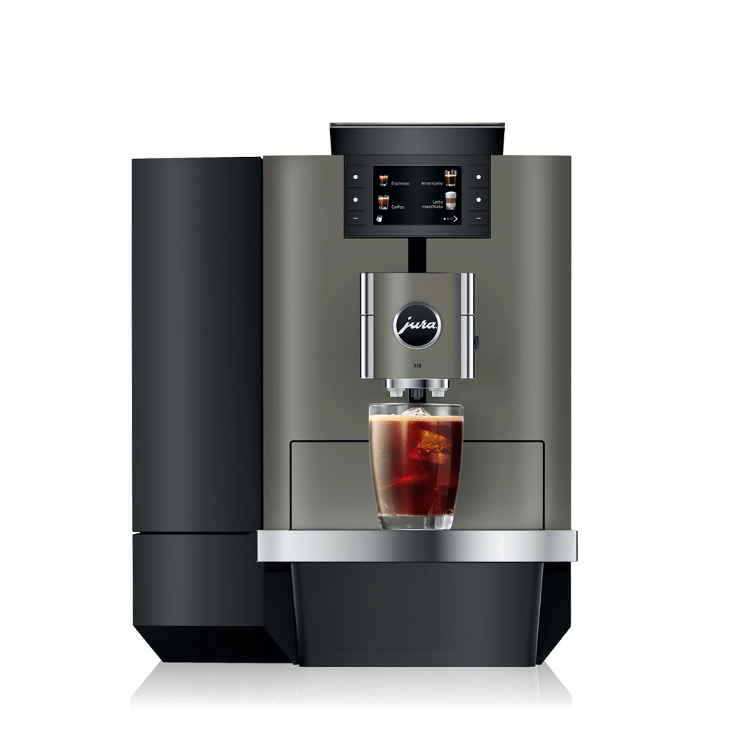 Front view of OBM3 coffee machine brewing iced coffee with touchscreen display and glass cup on a white background