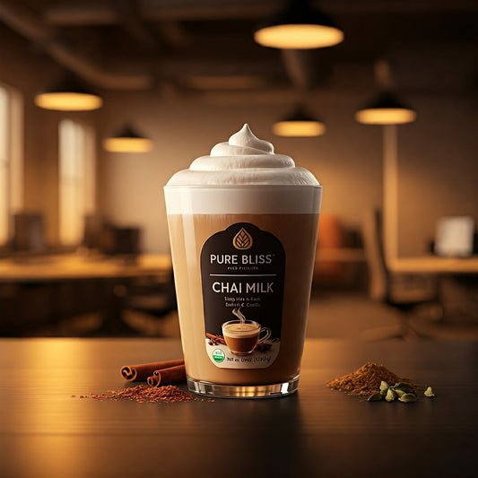 Tall glass of Pure Bliss Chai Milk topped with whipped cream, surrounded by cinnamon and cardamom spices in a cafe setting