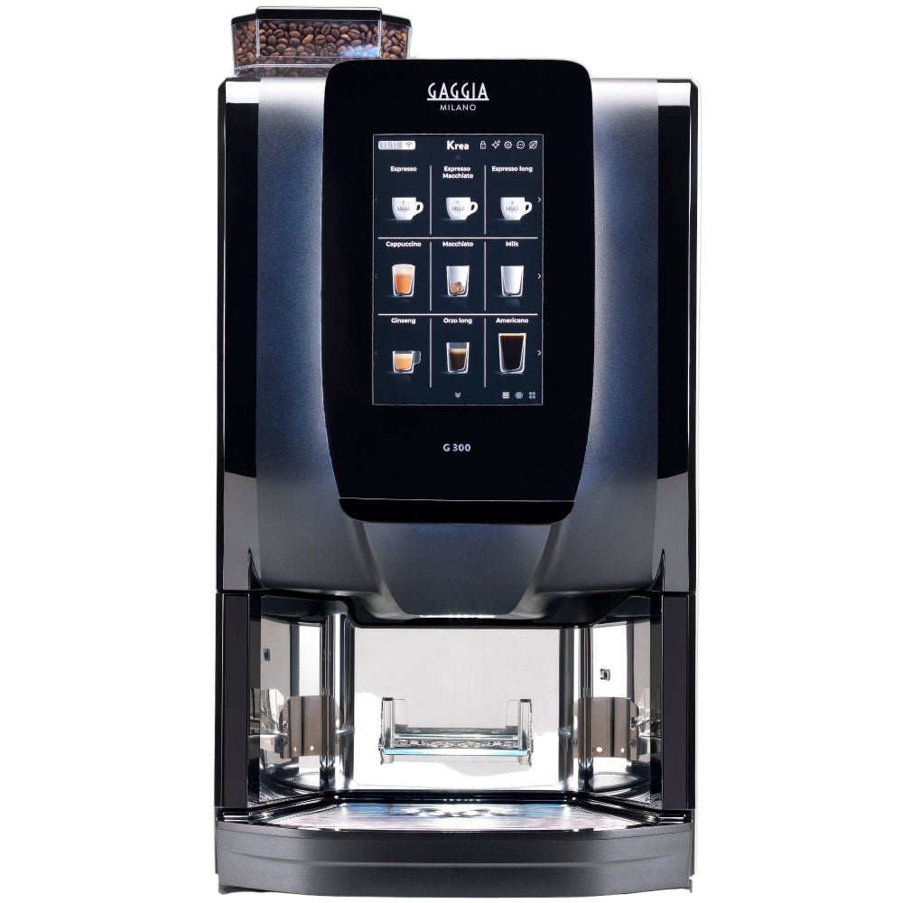 Front view of OBL1 coffee machine with digital display and twin milk compartments on a white background.