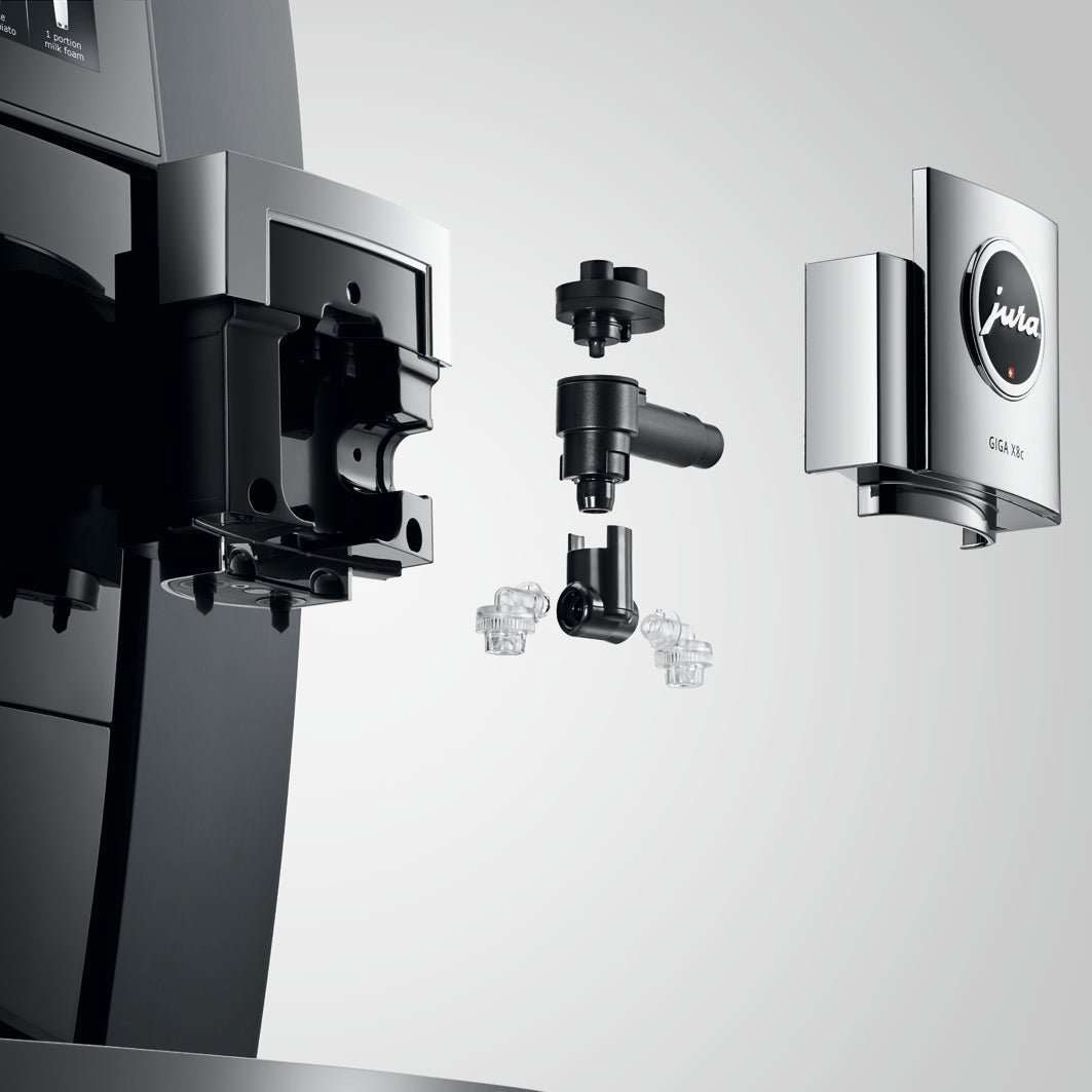 Exploded view of the OBL2 Jura Giga X8C coffee  machine components including the milk frothing nozzle and attachments on a white background