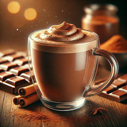 A mug of hot chocolate with whipped cream on top, alongside cinnamon sticks and cocoa powder, with a soft focus background.