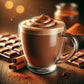 A mug of hot chocolate with whipped cream on top, alongside cinnamon sticks and cocoa powder, with a soft focus background.