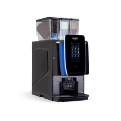 Angled Gaggia G100 coffee machine with bean hopper, touchscreen and cup rack
