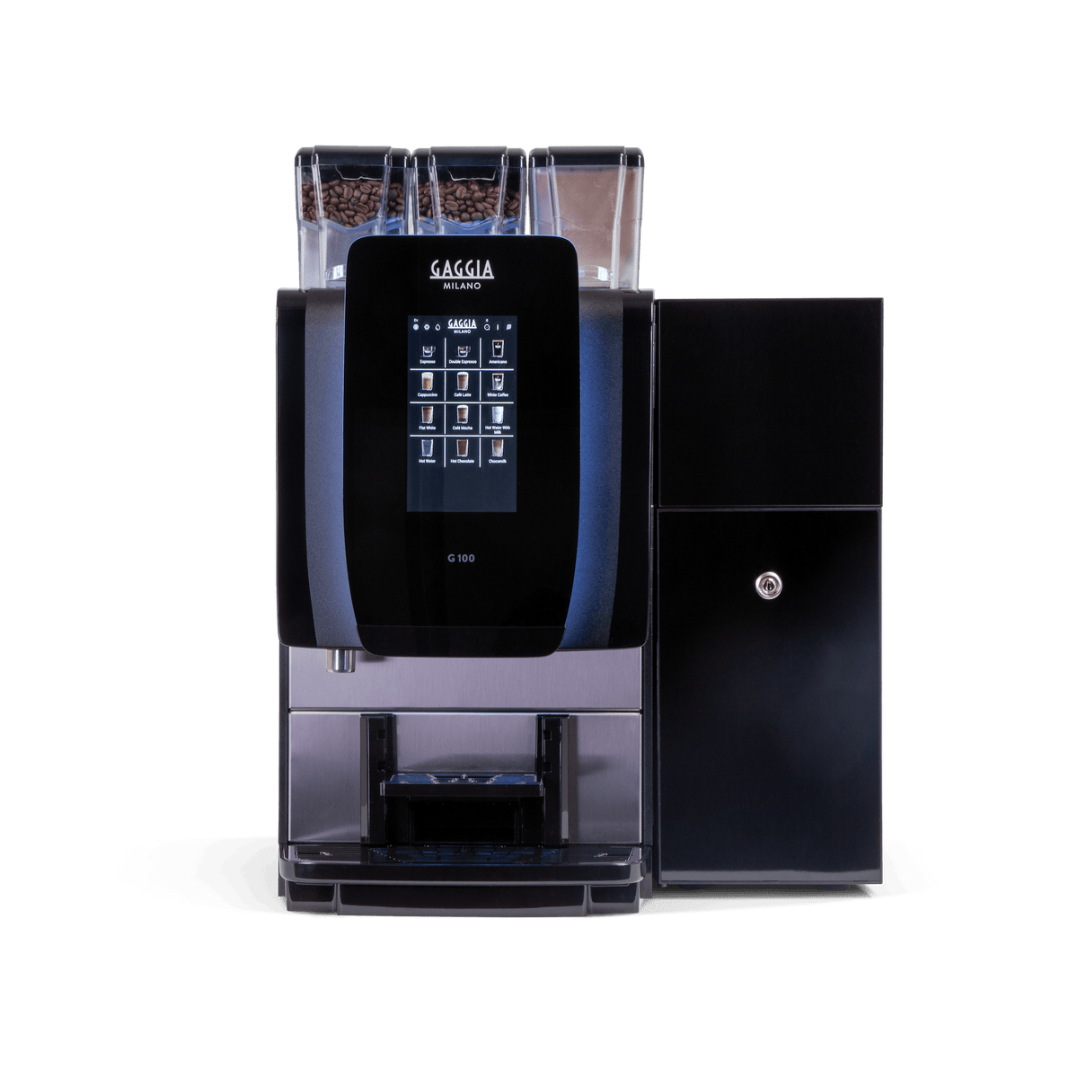 Front view of a Gaggia G100 with touchscreen, twin bean hoppers and side fridge