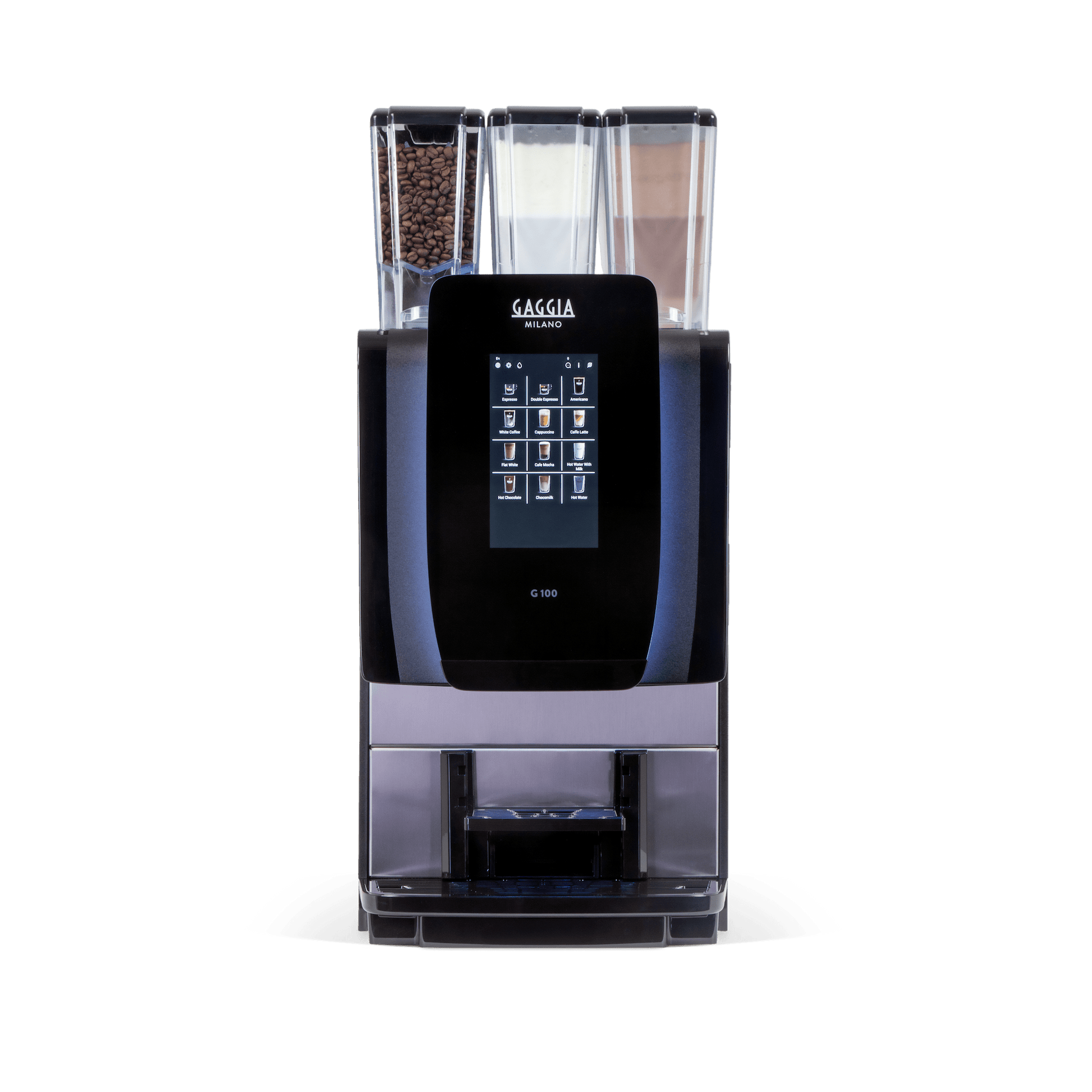 Gaggia G100 coffee machine with bean and ground coffee containers on a white background