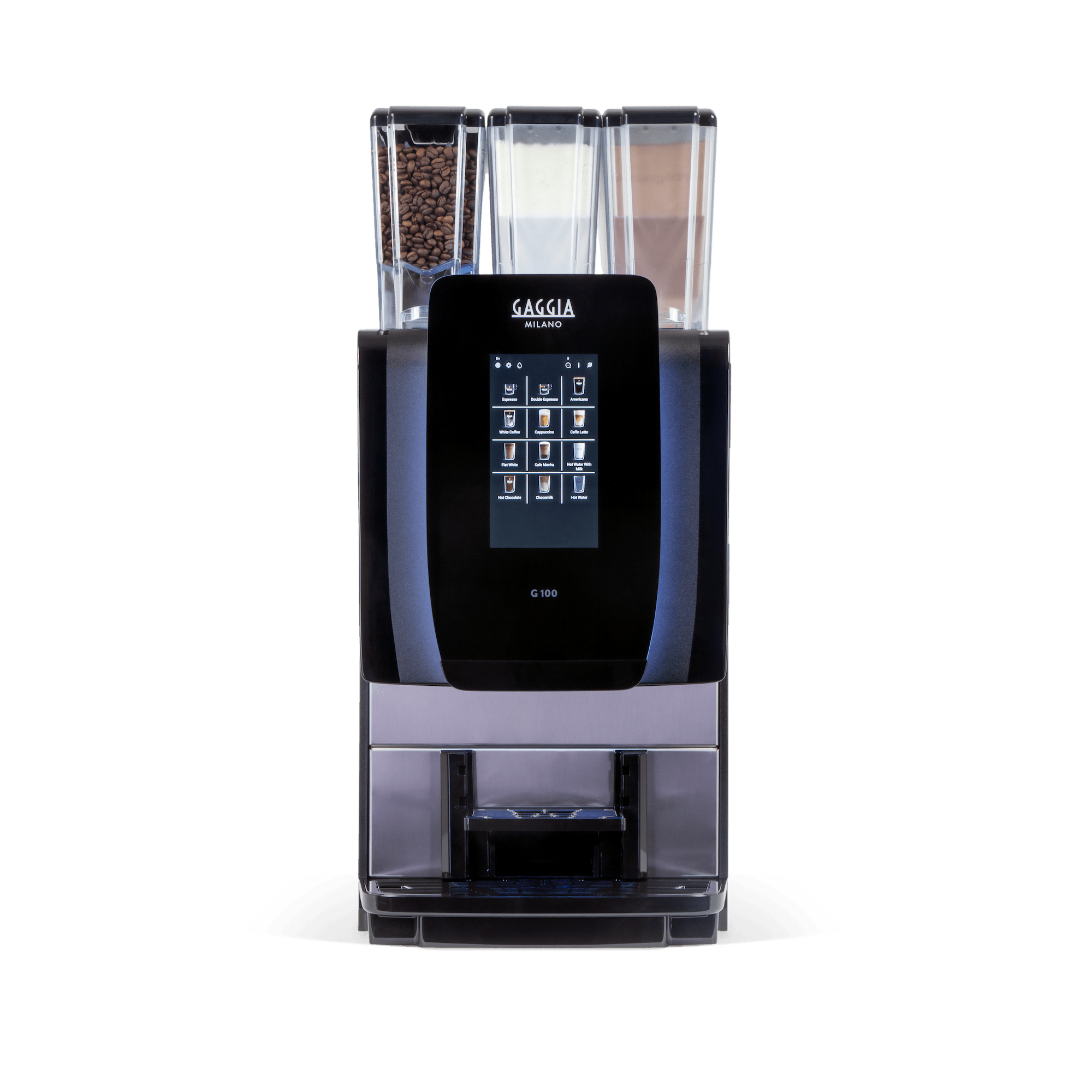 Gaggia G100 coffee machine with bean and ground coffee containers on a white background