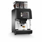 Angled view of OBL3 Necta Kalea Plus coffee machine with three bean hoppers and steaming wand preparing a layered latte on a white background