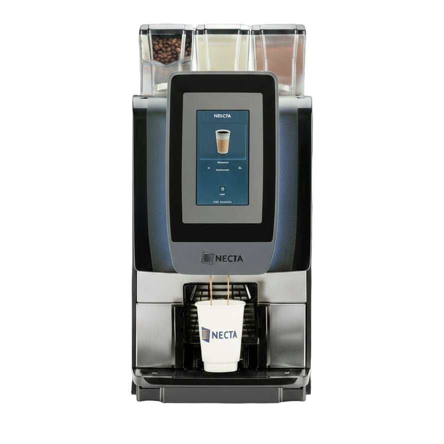 Front view of OBM1 G100 coffee machine with digital display dispensing a coffee into a paper cup on a white background.
