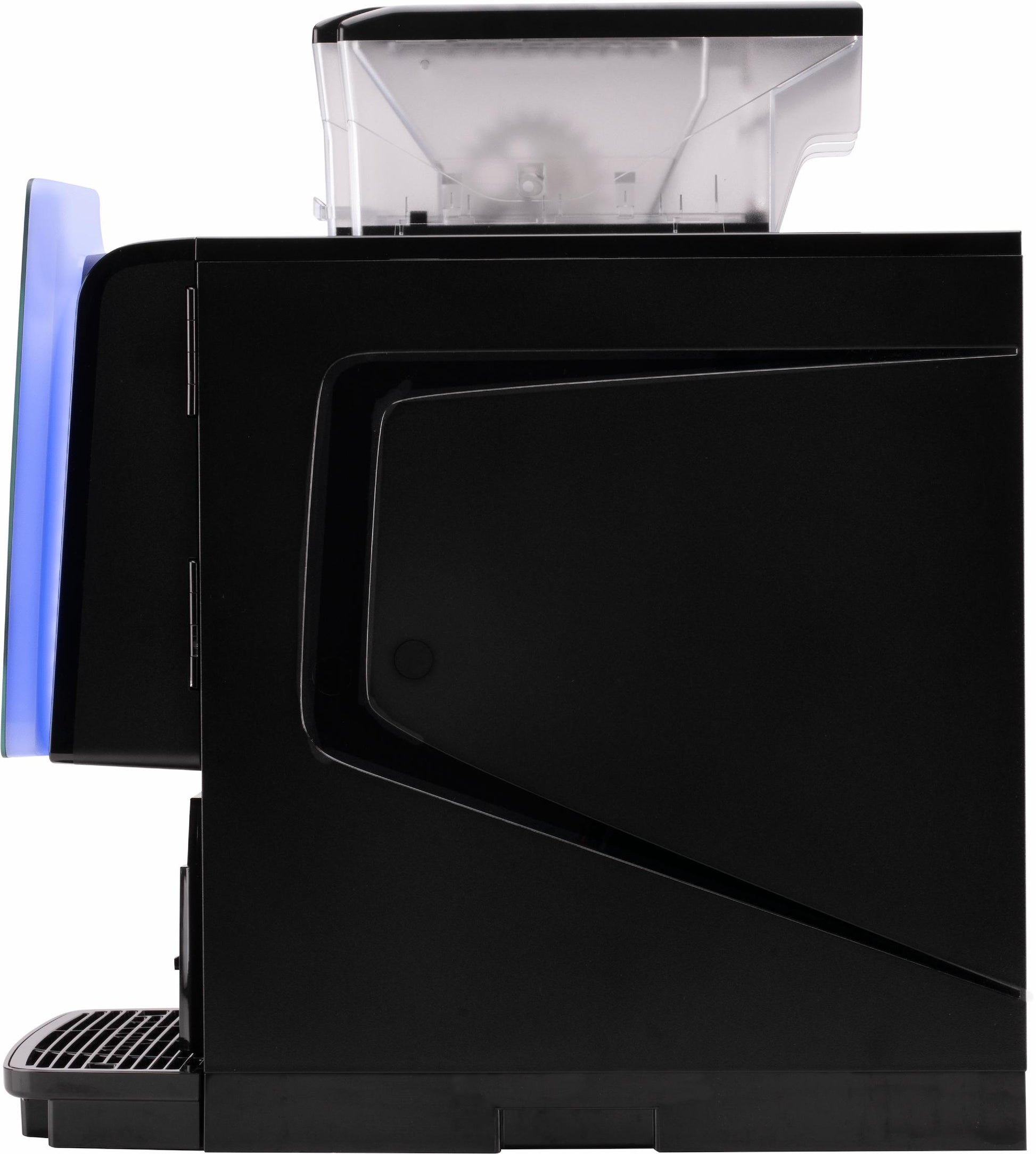 Side view of Gaggia G100 OBM1 coffee machine with clear water tank and black casing on a white background