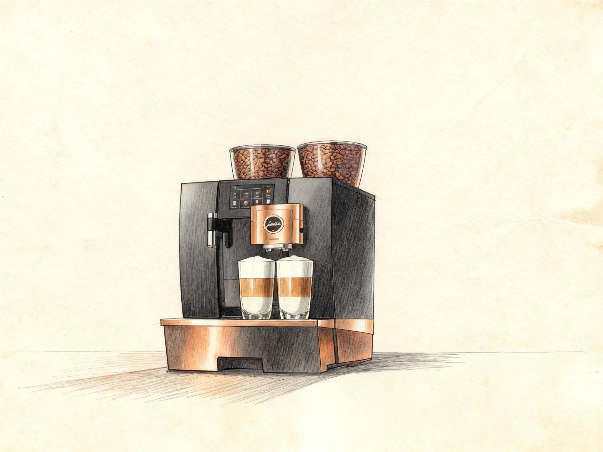 Illustrated OBL2 Giga X8C coffee machine with dual bean hoppers and two coffee cups on a light textured background