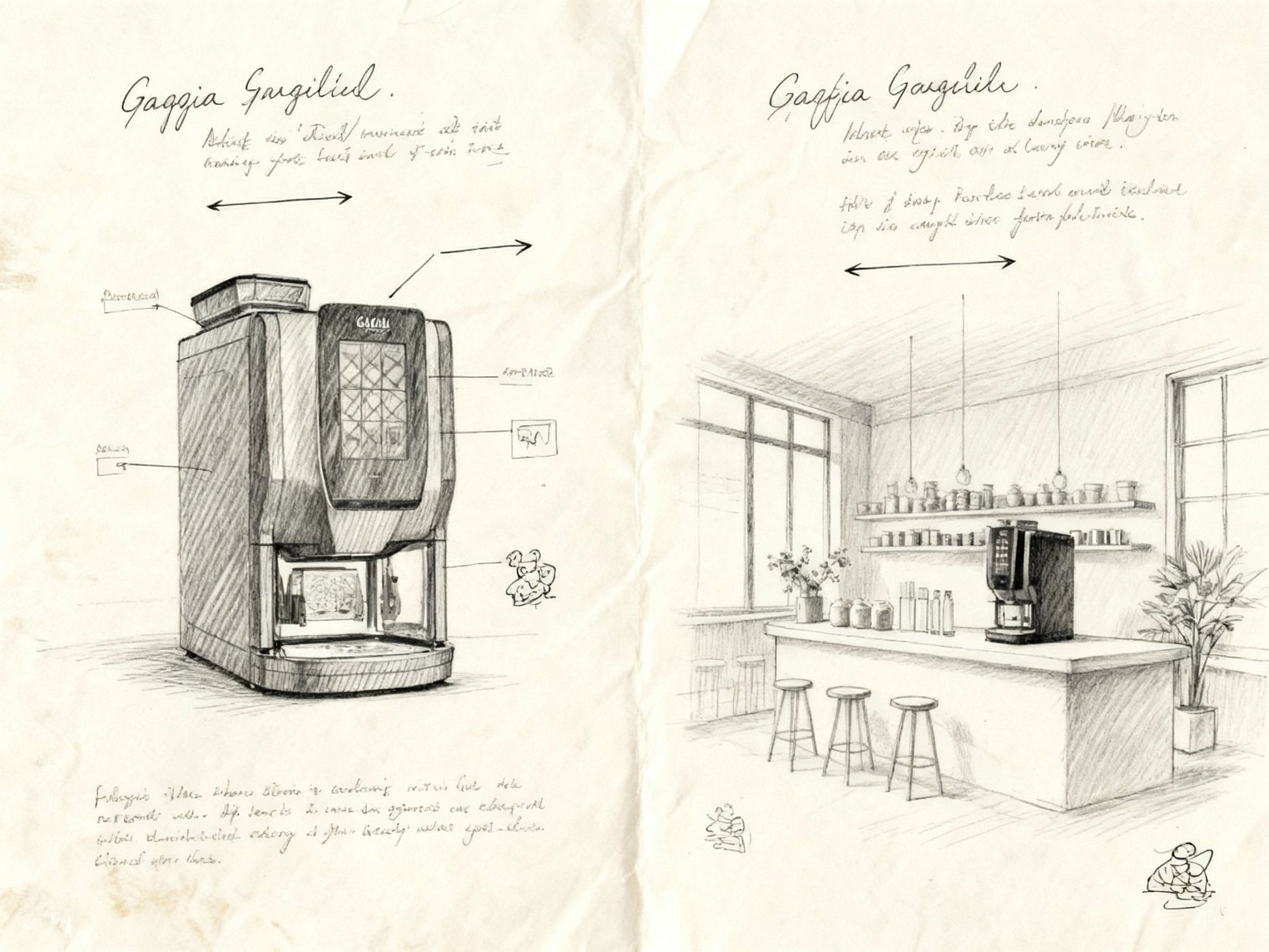 Technical drawing showing the OBM2 Gaggia G300 coffee machine and a café interior scene on aged paper background
