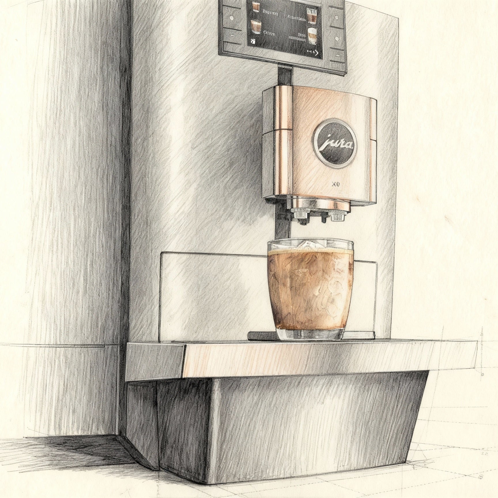Hand-drawn sketch of OBM3 Jura X10c coffee machine dispensing a cup of coffee with touchscreen and milk spout on beige paper background