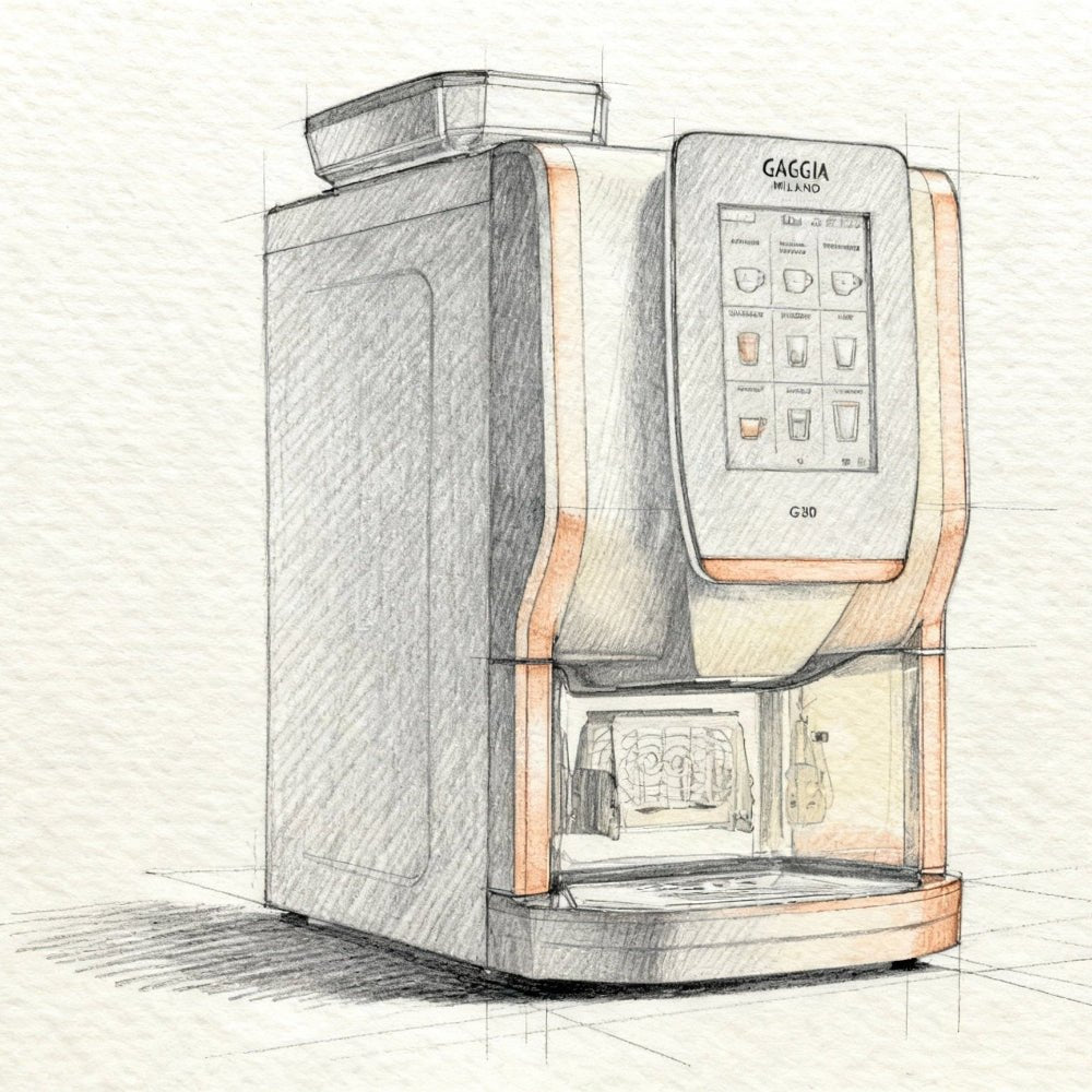 Hand-drawn illustration of OBM2 OBM2 Gaggia G300 coffee machine with touchscreen panel on white background