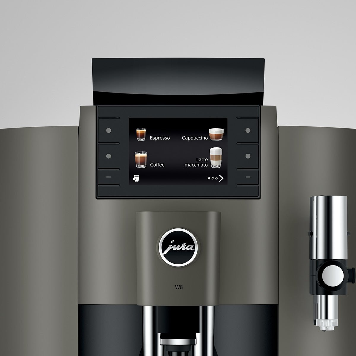 Close-up of OBS1 coffee machine touchscreen showing drink selections with Jura logo and steam wand on a gray background