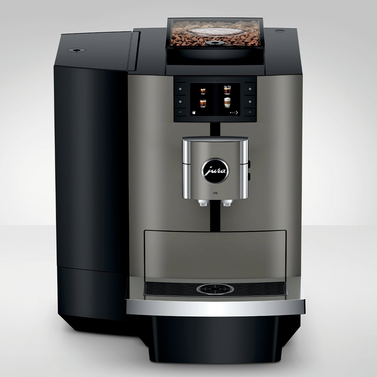 OBM3 Jura X10 coffee machine with bean hopper on top and digital display, shown on a light gray background