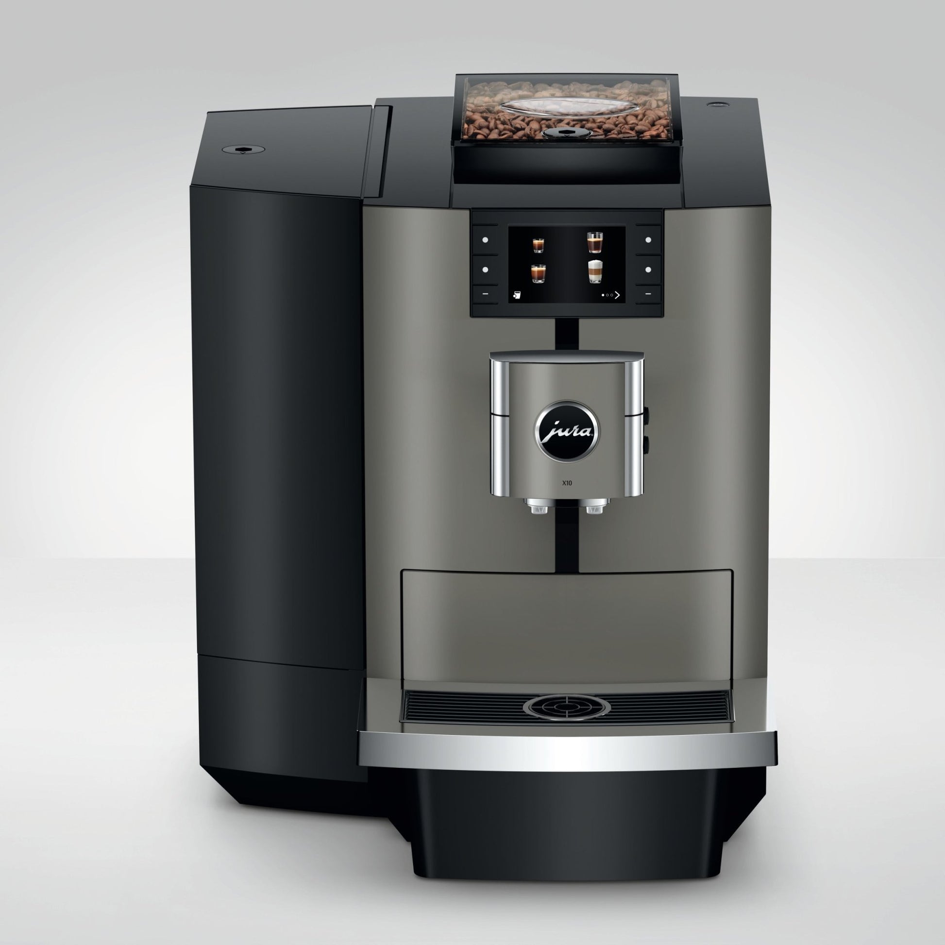 Front view of OBS3 Jura X10 coffee machine with digital display and brew dispenser on a light gray background