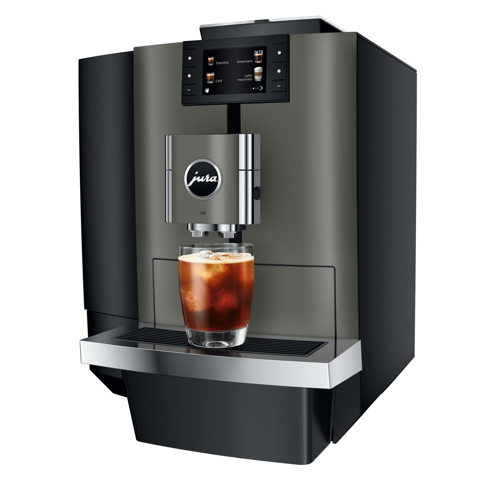 Angled view of OBS3 Jura X10 coffee machine dispensing a glass of iced coffee on a white background