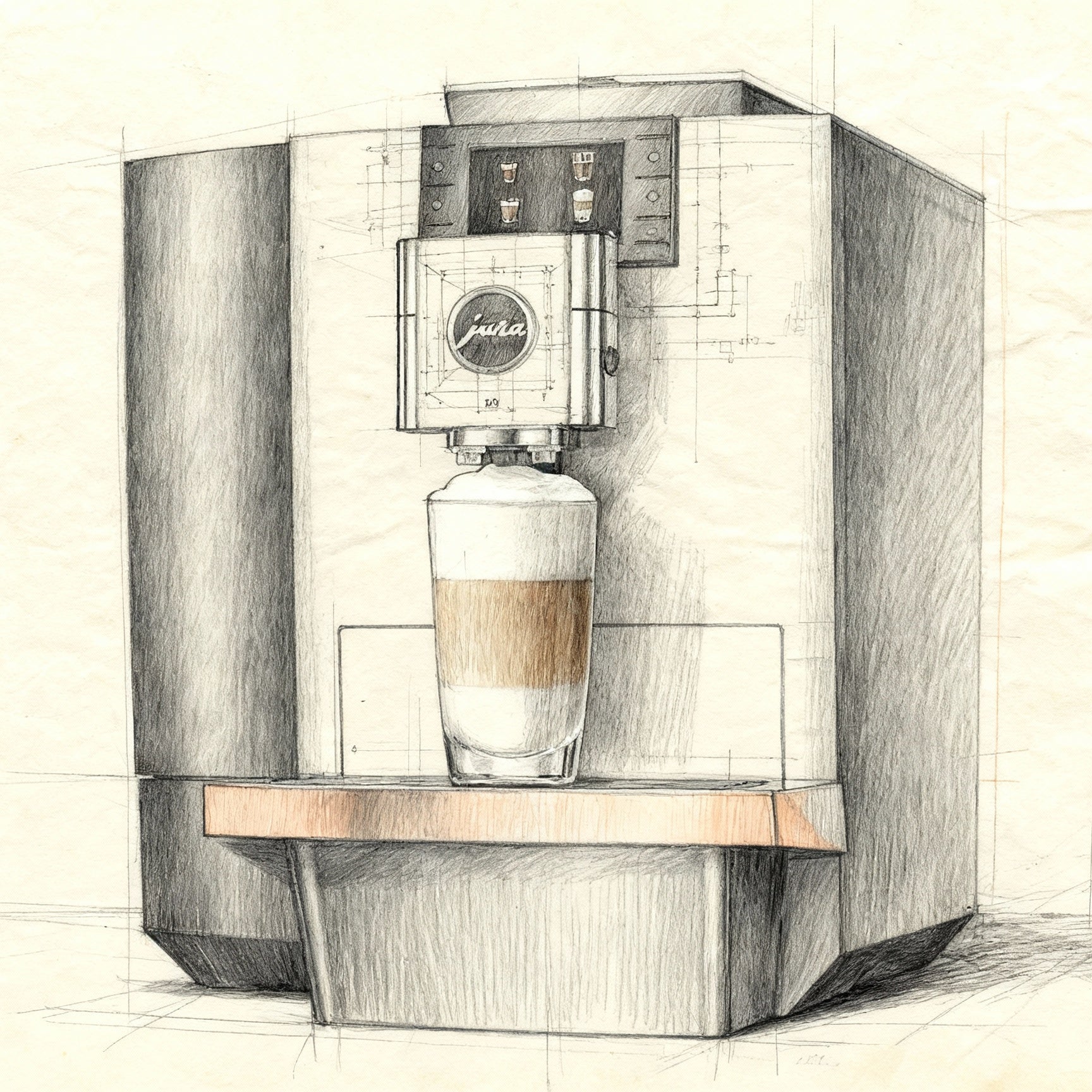 Illustration of OBS3 Jura X10 coffee machine coffee machine with a glass of coffee on a light background