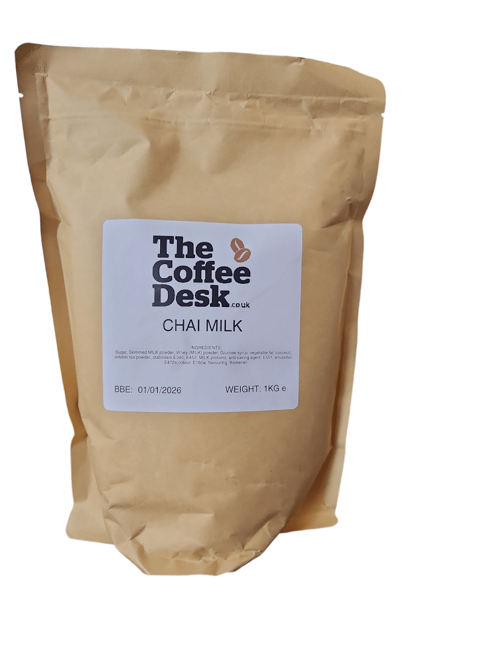 Brown bag of The Coffee Desk Chai Milk 1KG blend with label
