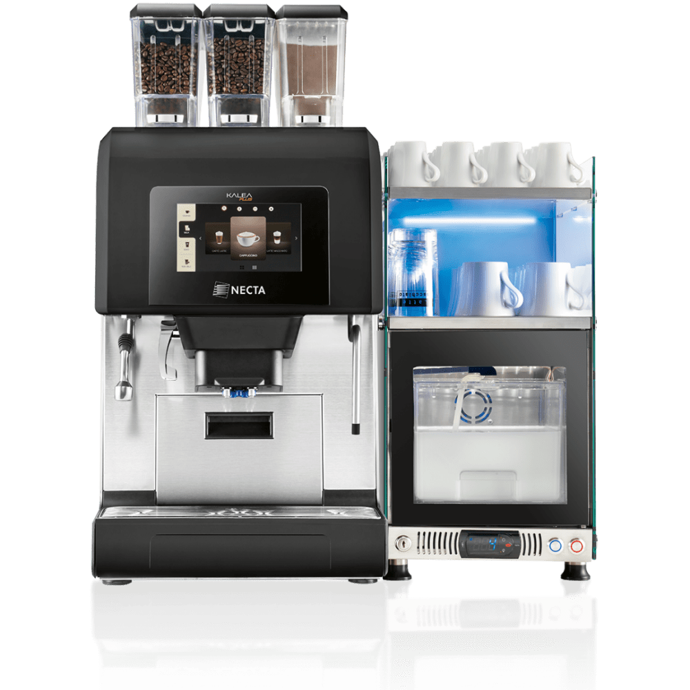 OBL3 coffee machine with two bean hoppers and integrated milk fridge on a white background