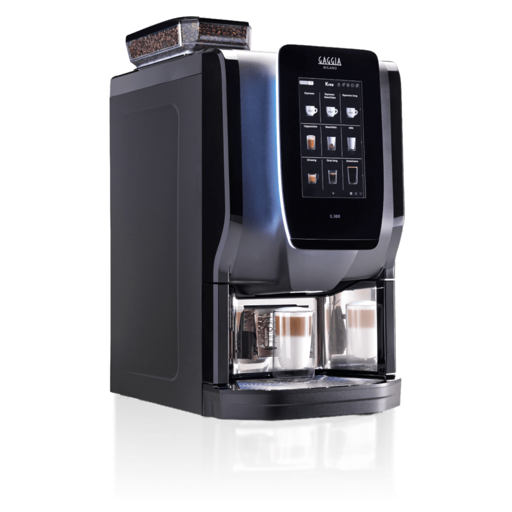 Angled view of OBM2 coffee machine with touchscreen and dual milk carafes on a transparent background