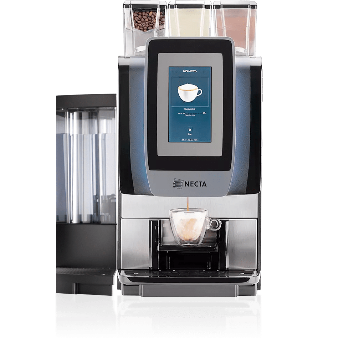 Front view of OBS2 coffee machine with digital touchscreen brewing a cup of coffee on a transparent background