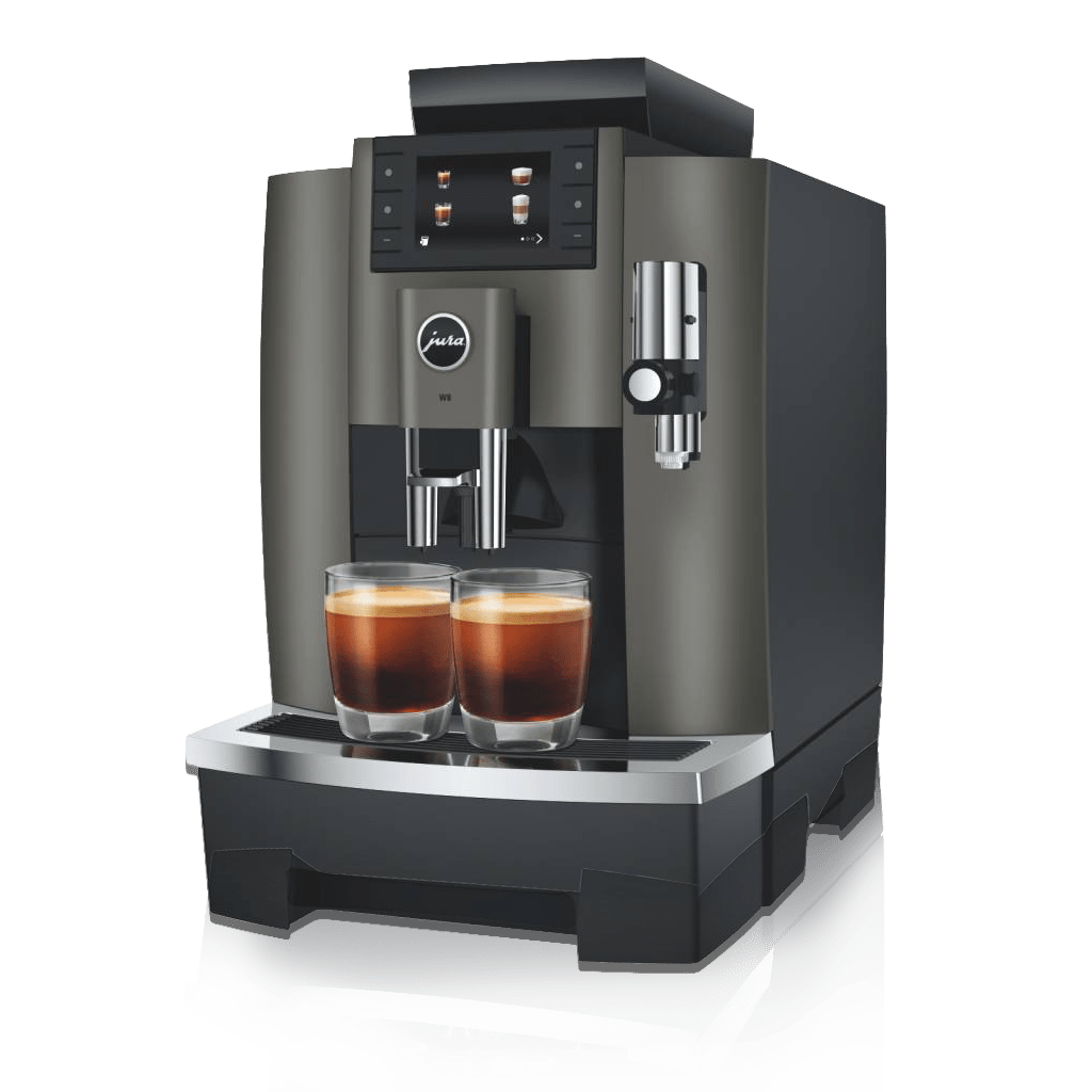 Angled view of OBS1 coffee machine with digital display and attached steam wand brewing two cups of coffee on a transparent background
