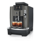 Angled view of OBS1 coffee machine with digital display and attached steam wand brewing two cups of coffee on a transparent background