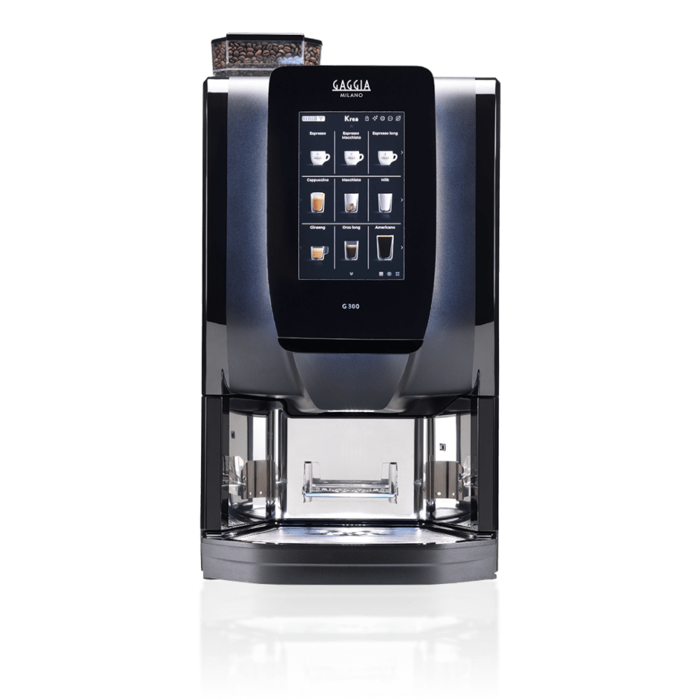 Front view of a Gaggia G300 bean-to-cup coffee machine with touchscreen and bean hopper