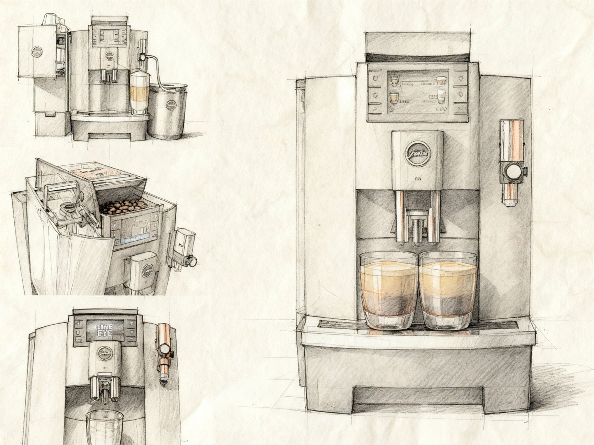 Pencil sketch montage of OBS1 Jura X10 coffee machine showing various components and outputs on a light background