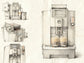 Pencil sketch montage of OBS1 Jura X10 coffee machine showing various components and outputs on a light background